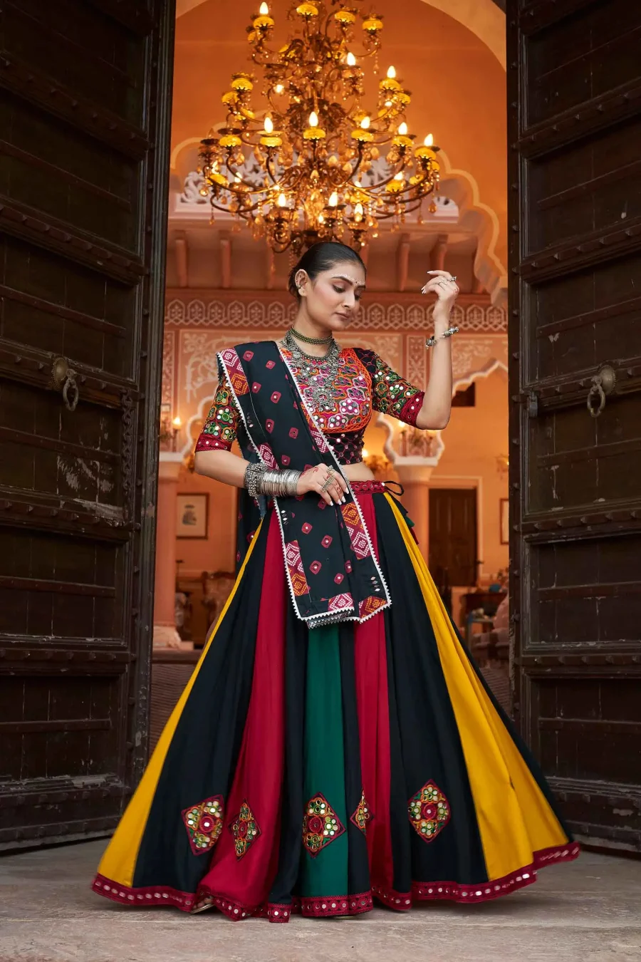 Rich Black Multi color Navratri Lehenga With Embroidery & Mirror Work