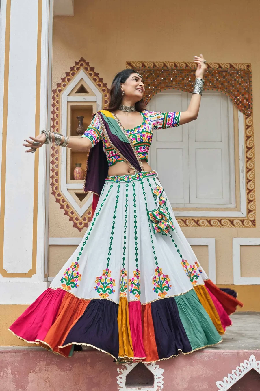 Prettyish White Real Mirror Work Lehenga With Bottom Layer Multi Color Border Patto