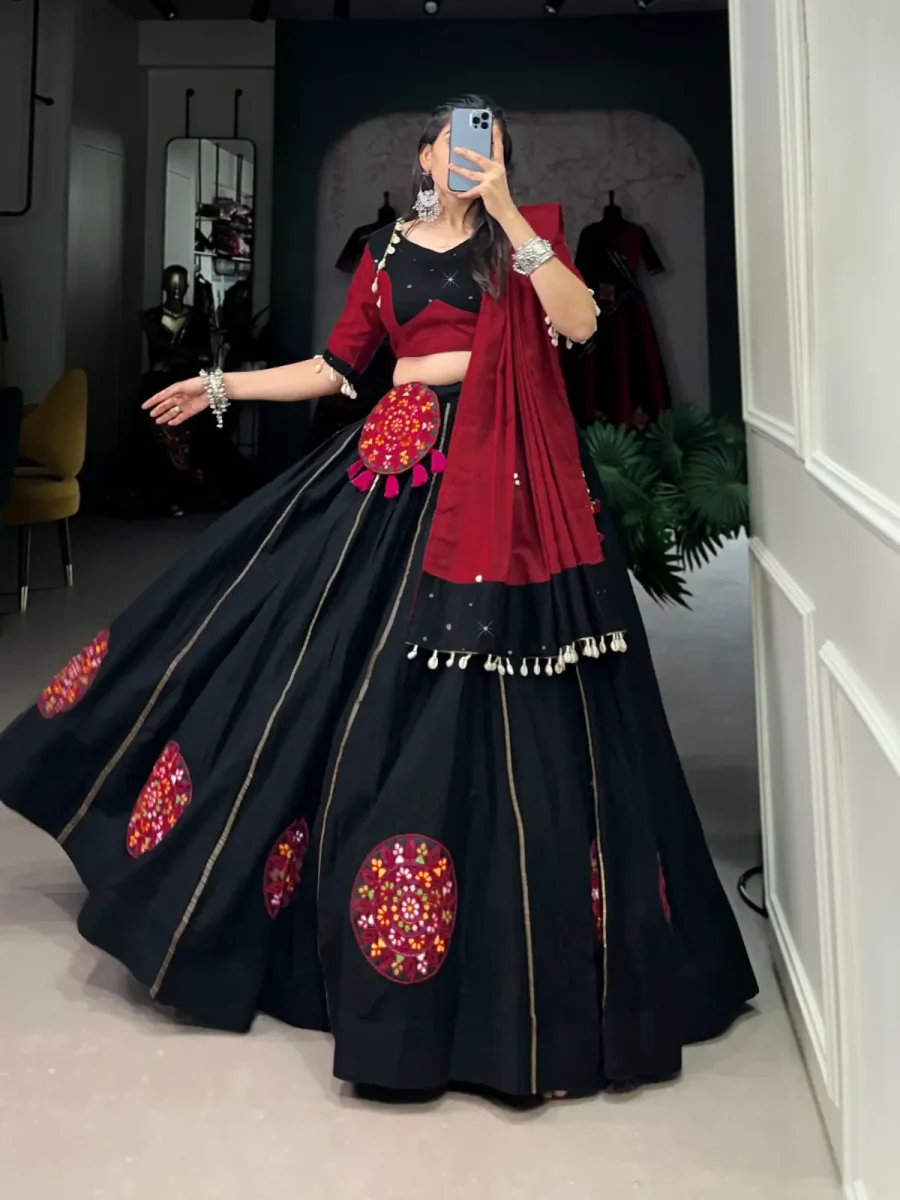 Slaying Of Black  Plain And Gamthi Patch Work With Gota Patti and Mirror work