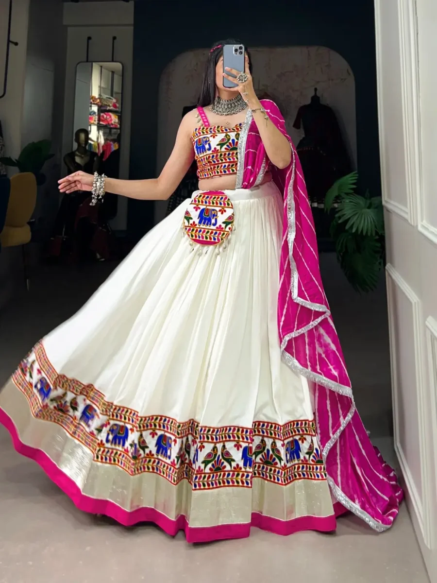 White Elegant Gamthi Work Lehenga and Leheriya Dupatta for  Navratri