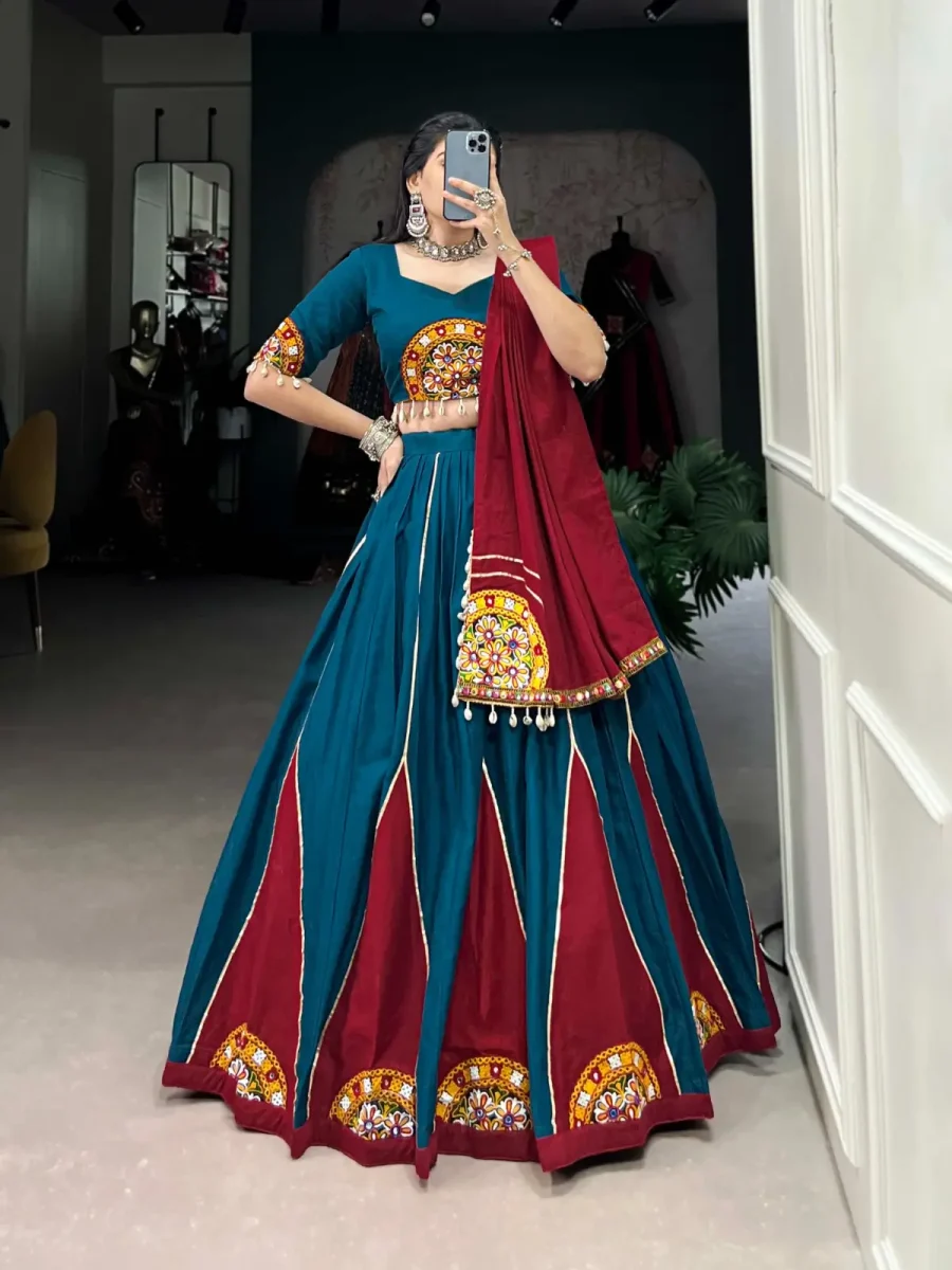 Designer Teal Blue Navratri Special Lehenga With Gamthi Patch Work And Gota Patti Work