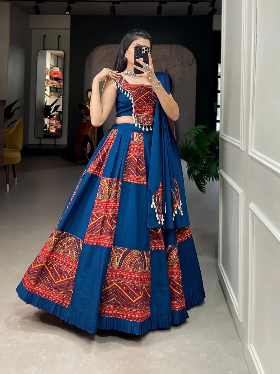 Rigel Blue color Printed with Foil work Lehenga choli printed patch & Kodi work Dupatta