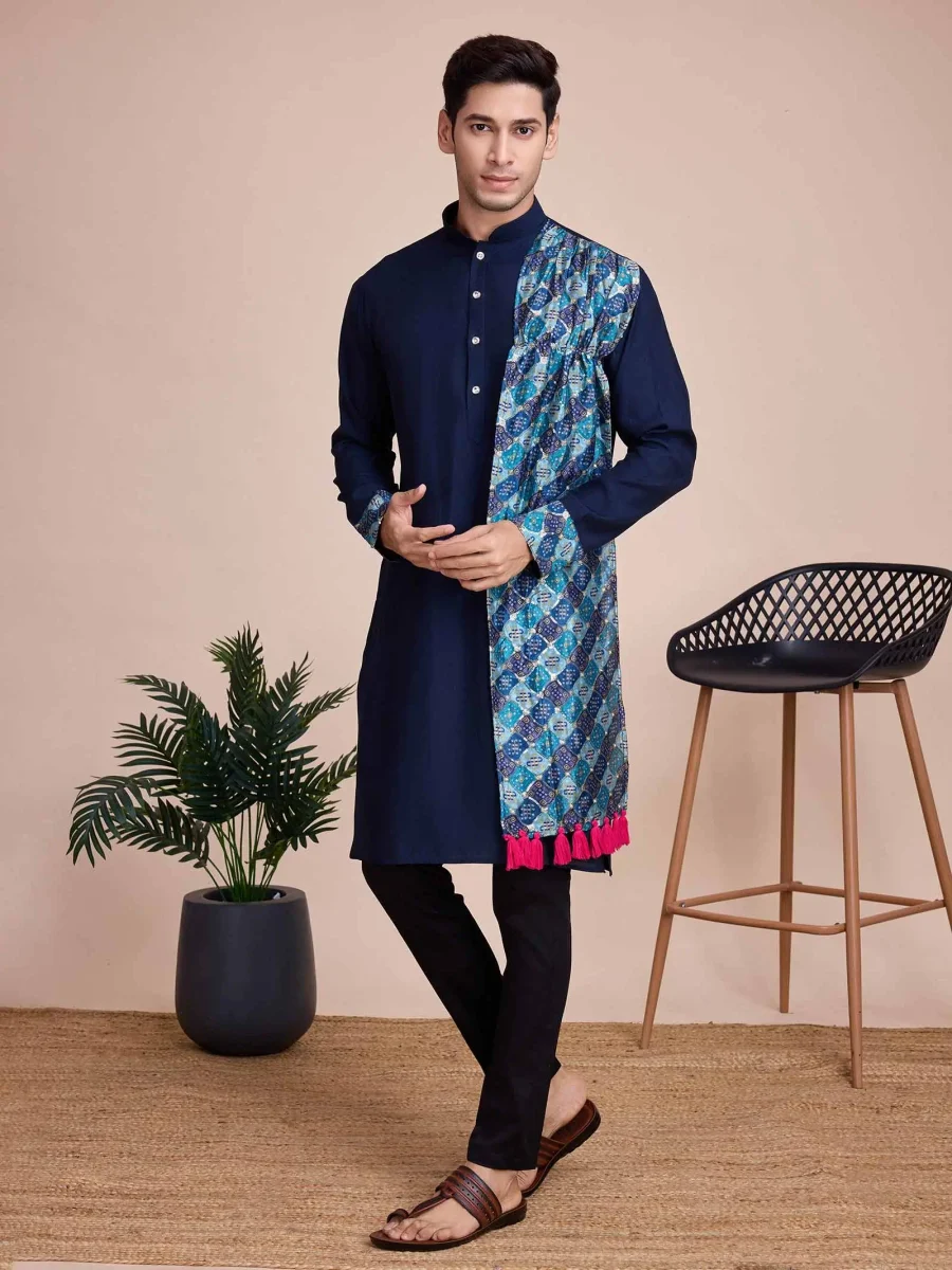 Traditional Royal Blue Men’s Kurta With Print Sequence Work Dupatta