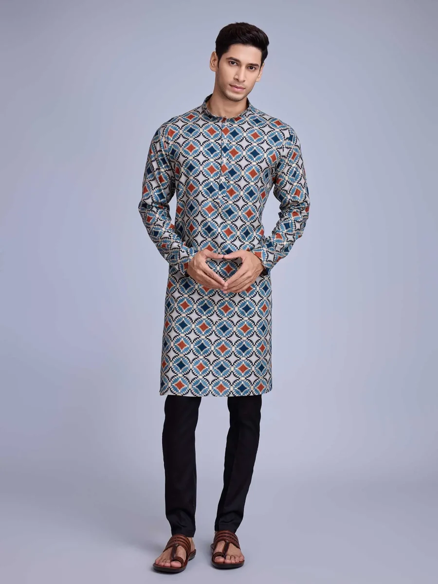 Blue Rayon Print With Foil Kurta For Men’s Casual Wear