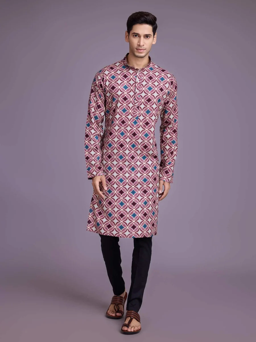 Dusty Pink Foil Print Work Kurta Mens Wear