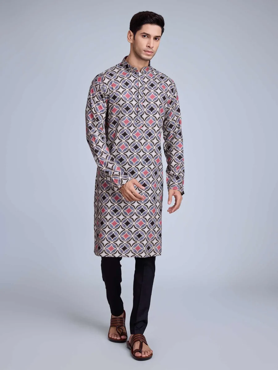 Grey Geometric Printed Mandarin Collar Straight Kurta