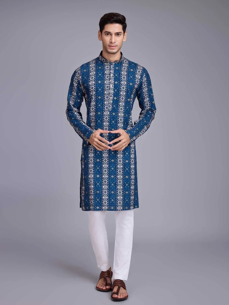 Luxurious Blue Men’s Kurta In Rayon Fabric And Festival