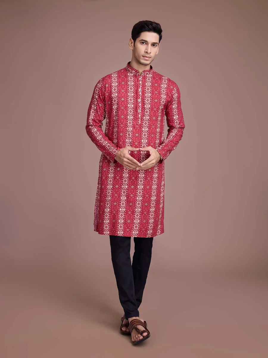 Rayon Dusty Maroon Sangeet Wear Printed Readymade Kurta