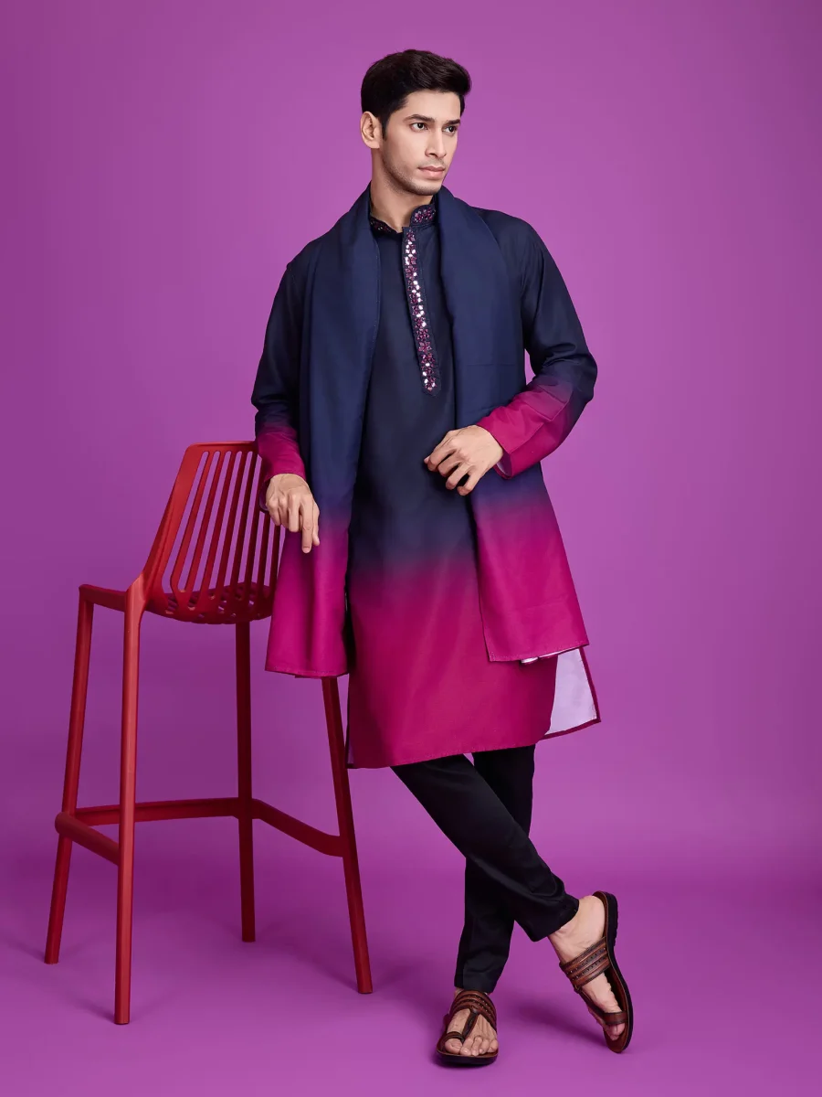 Ethnic Blend Of Navy Blue & Pink Rayon Mens Kurta