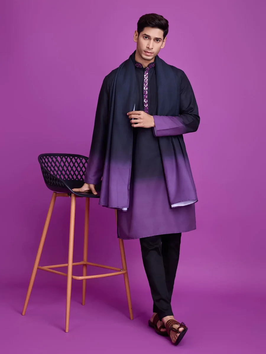 Classic Choice Of Rich Black & Muted Purple Rayon Mens Kurta