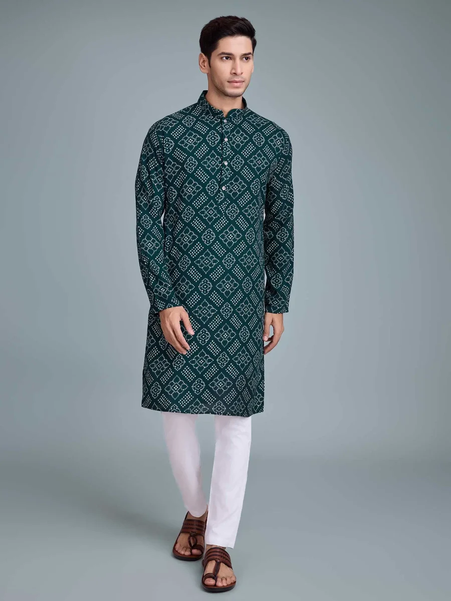 Green Rayon Bandhani Printed Men’s kurta For Every Occasion