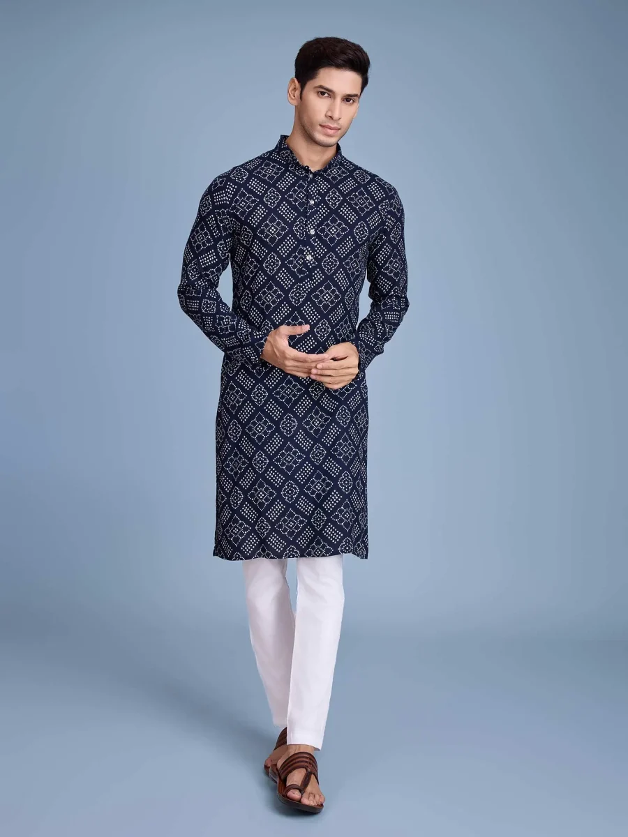 Embellished Rayon Navy Blue Foil Printed Mens Kurta