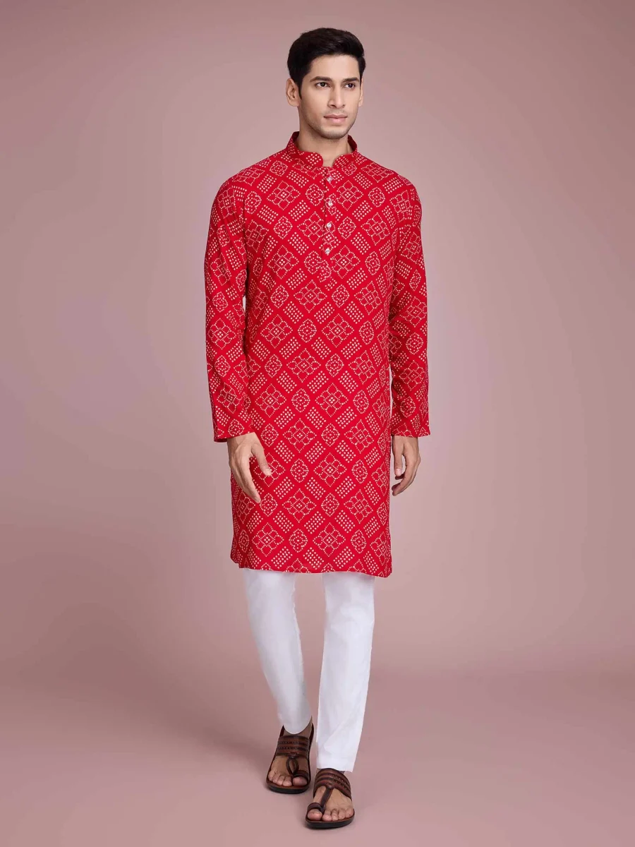 Hot Red Regular Fit Foil Print Rayon Mens Kurta