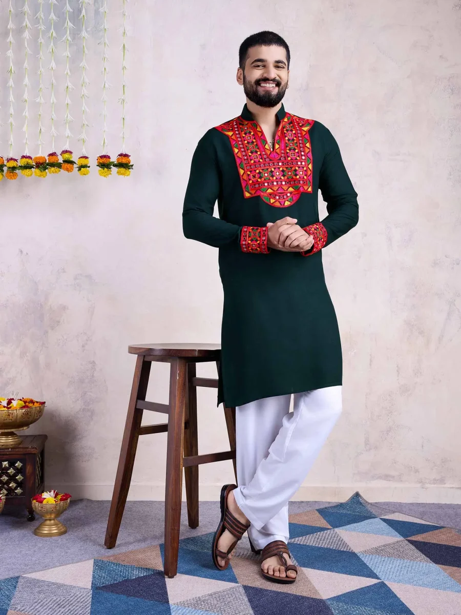 Charmingly Ethnic Timber Green Rayon Men’s Kurta