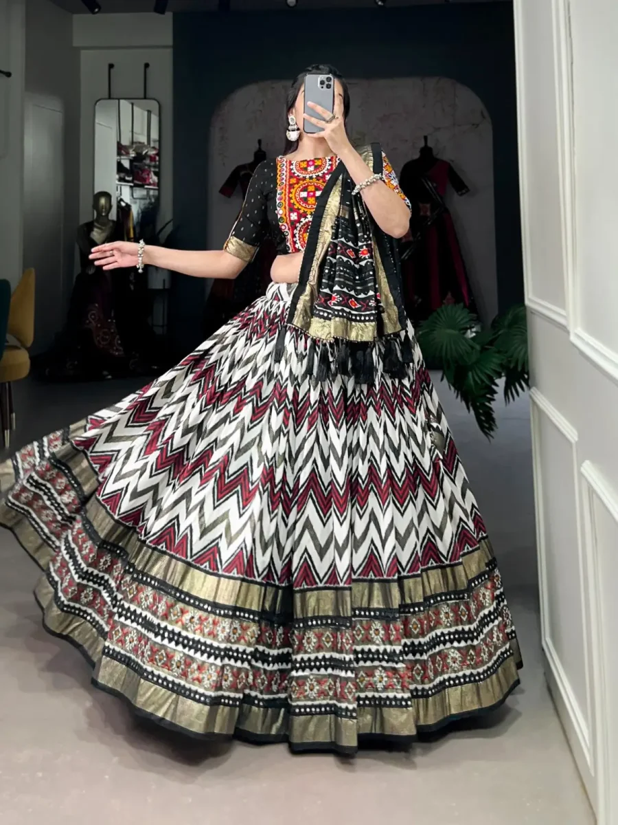 Presentable Black & White Traditional Laheriya & Foil Printed with Lace work Lehenga Choli