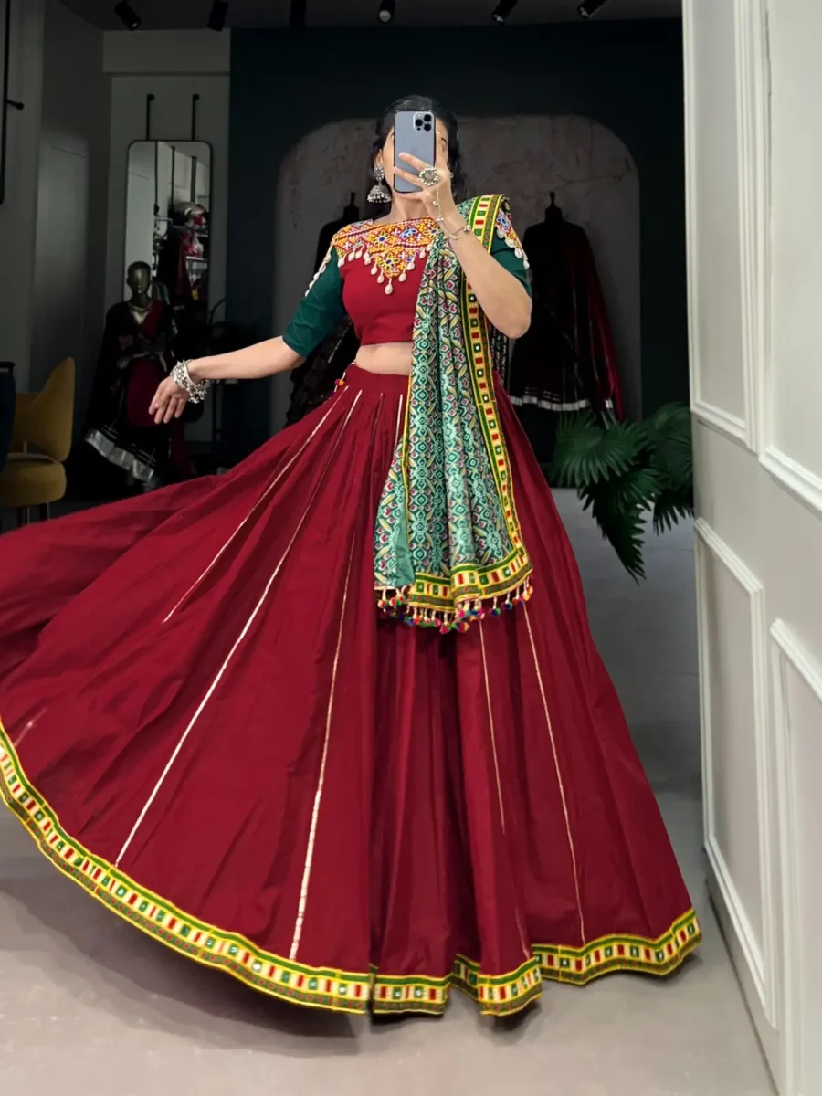 Sparkle Of Wine Red choli With Original Mirror Gamthi Work Lace Border And Gota Patti