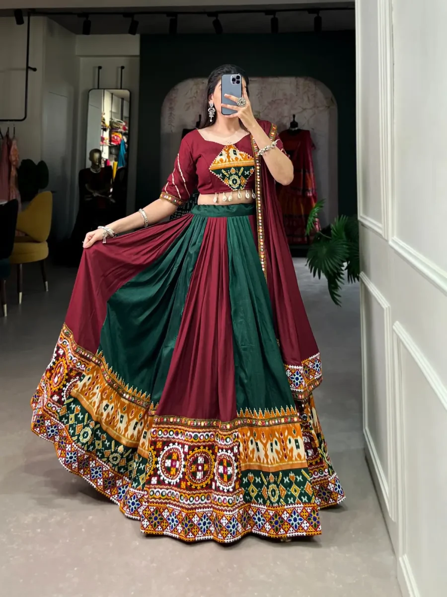 Green & Maroon Rayon With Printed Silk Gamthi worked Lehenga choli