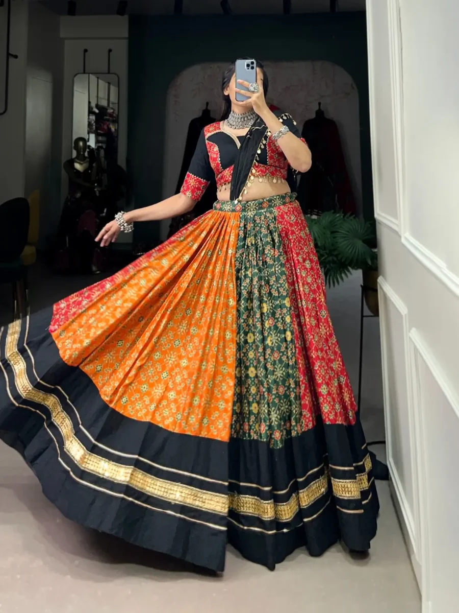 Multi Color Black Navratri Lehenga With Foil Printed Sequins lace & Coin worked Chanderi Dupatta