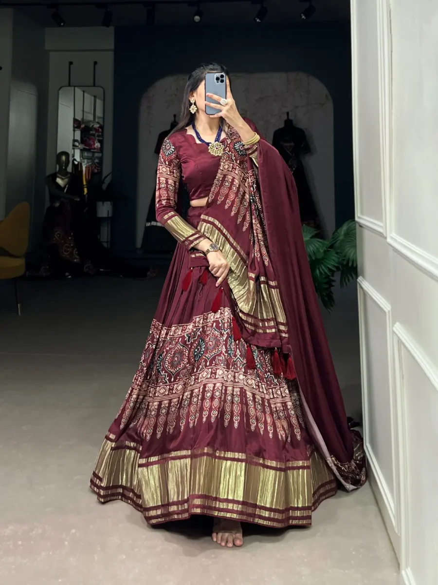 Sparkle Of Maroon Oak Digital Print With Lagadi Patta Lehenga choli