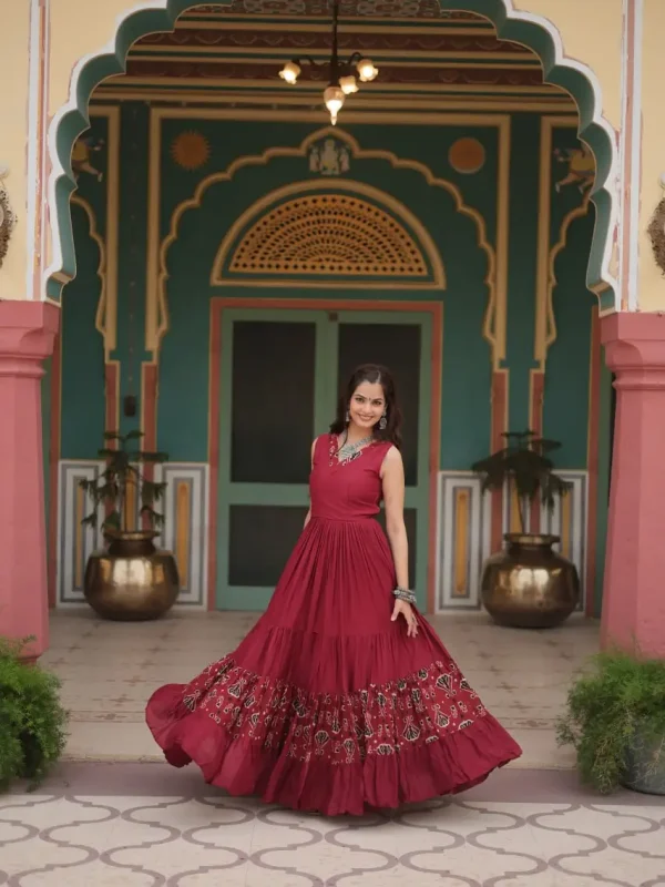 Maroon printed Festive wear gown