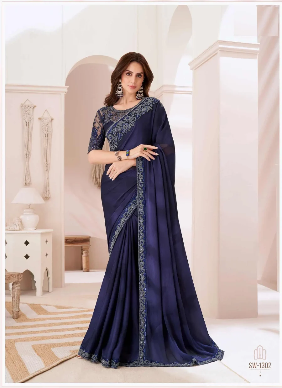 Ebony Blue Shaded Silver Chiffon Silk Saree