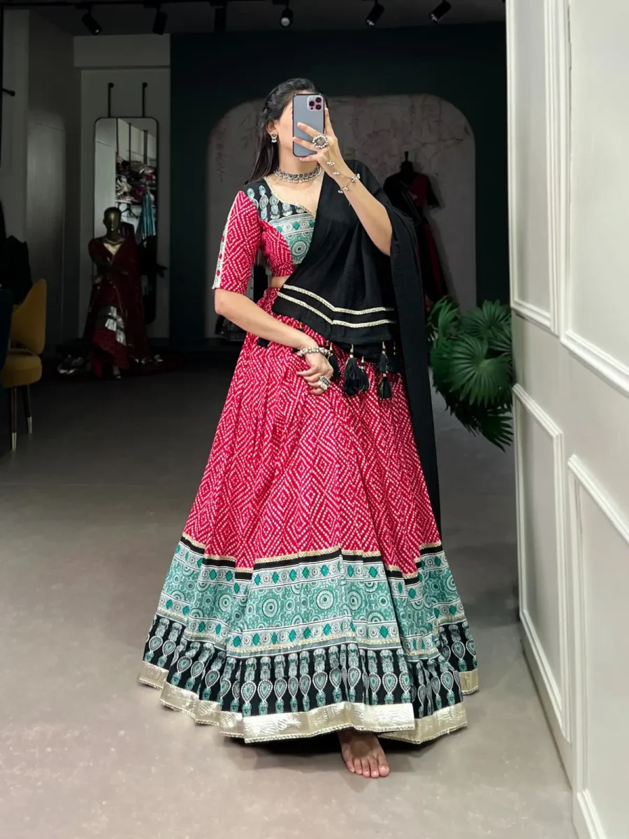 Lovely Pink Lehenga choli With Bandhej & Ajarakh Print With Embossed Design Navratri Garba