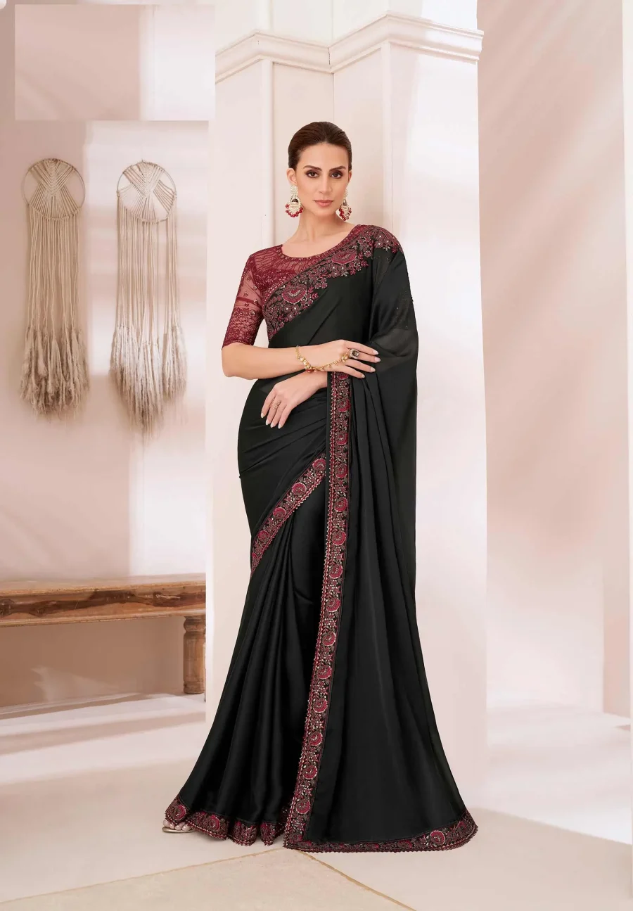 Black Bean Party wear Embroidered Silk Chiffon Saree