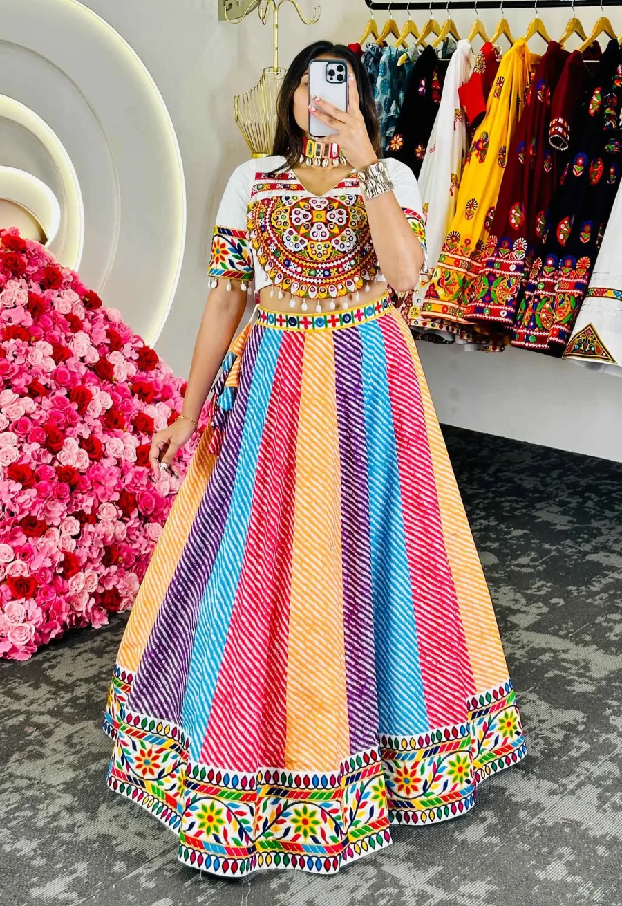 Multi color Laheriya print & Gamthi Patch Lehenga choli for Navratri