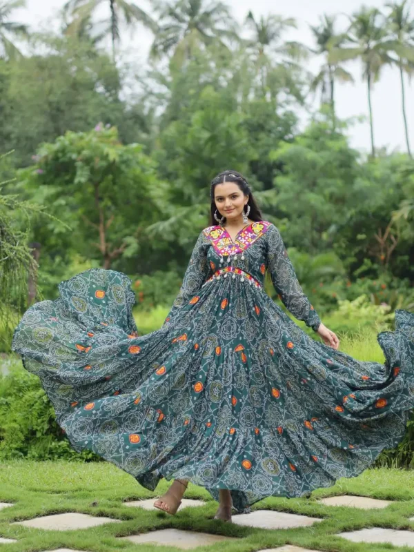 Green color festive wear , Navratri wear Bandhani Printed Gown