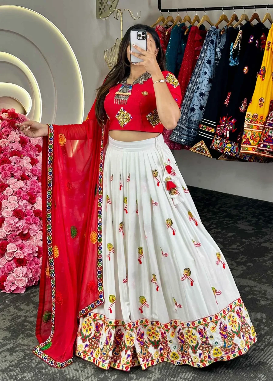 Lipstick Red & Ghost White Navratri lehenga choli With Chine stich work with real Mirror