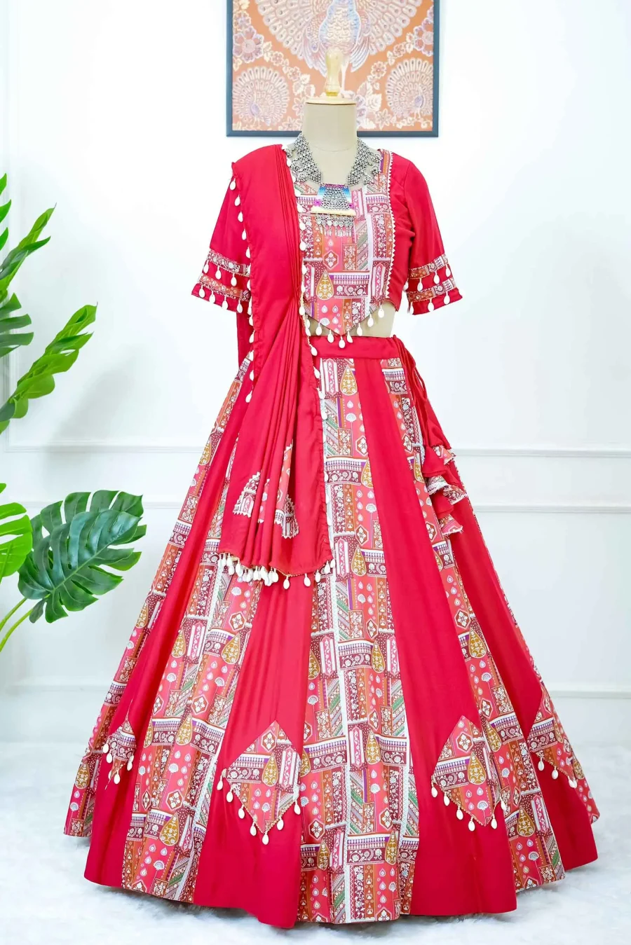 Raspberry Pink Digital Printed With Kodi Lace Rayon Lehenga choli Navratri Garba