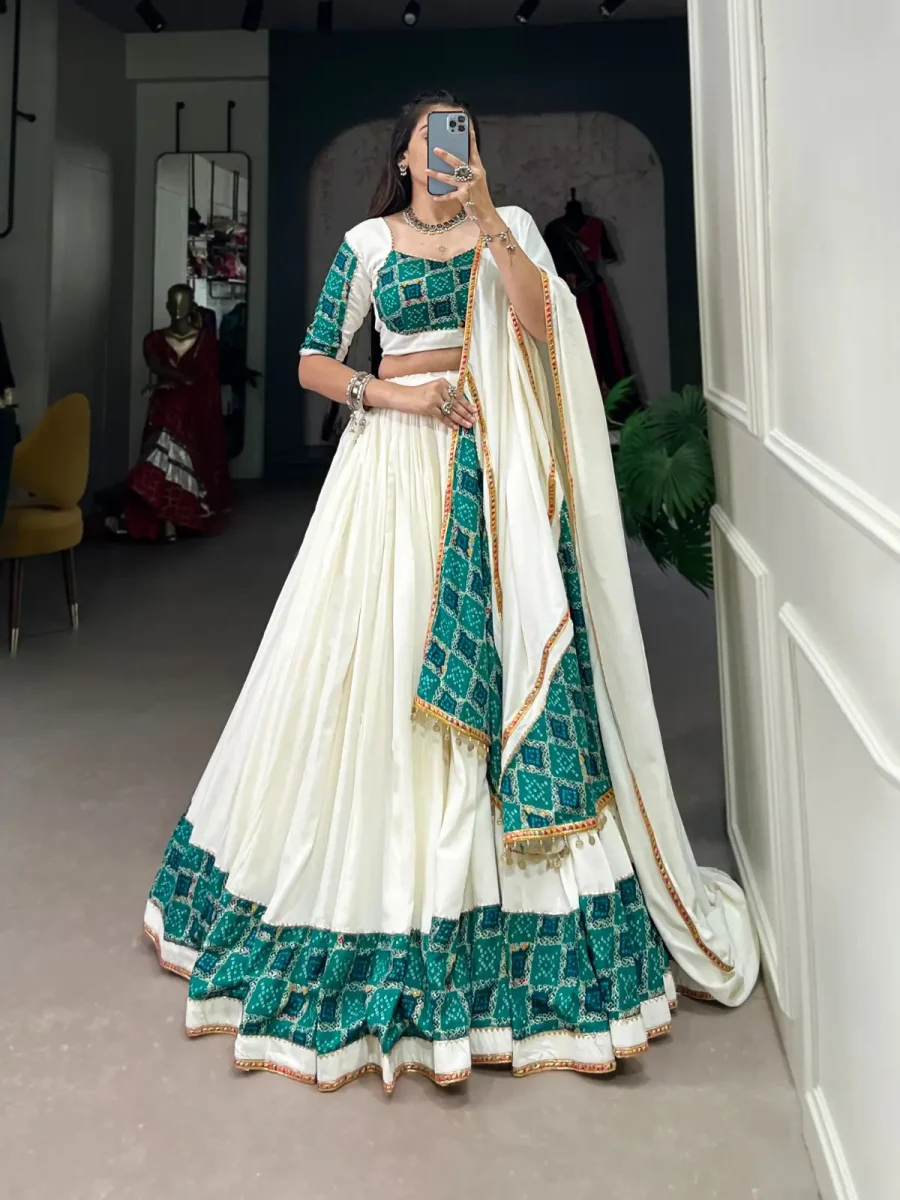 White Smoke Plain & Printed Navratri Lehenga choli with Printed Dupatta