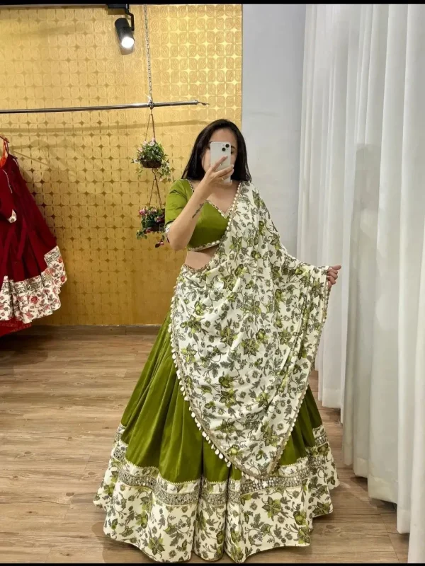 olive green color Printed navratri lehenga choli