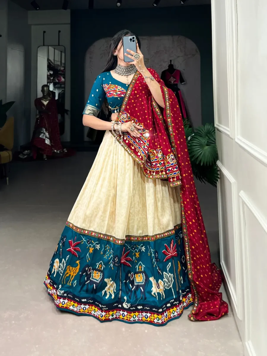 Bluish Cyan color Dola Silk Lehenga choli With Printed & Gamthi work Lace Border Bandhej Print Dupatta