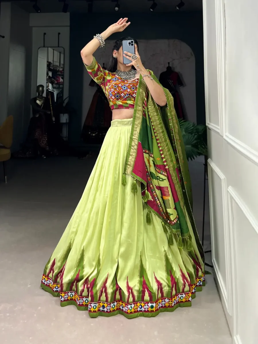 Pista Greenish Lehenga choli Print With Foil Work And Original Mirror Gamthi Work For Navratri