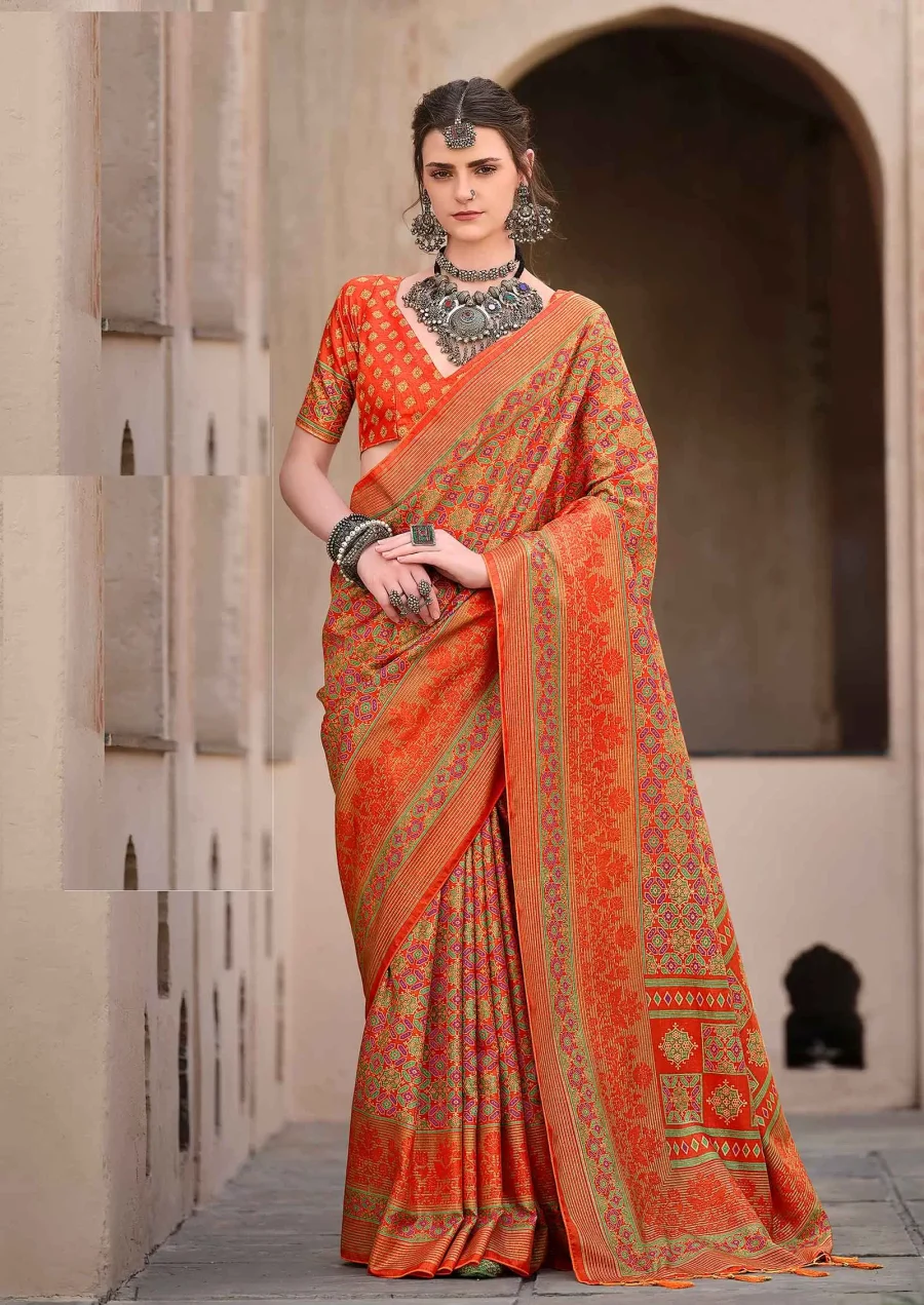 Rusty Orange Printed Classic Silk Saree