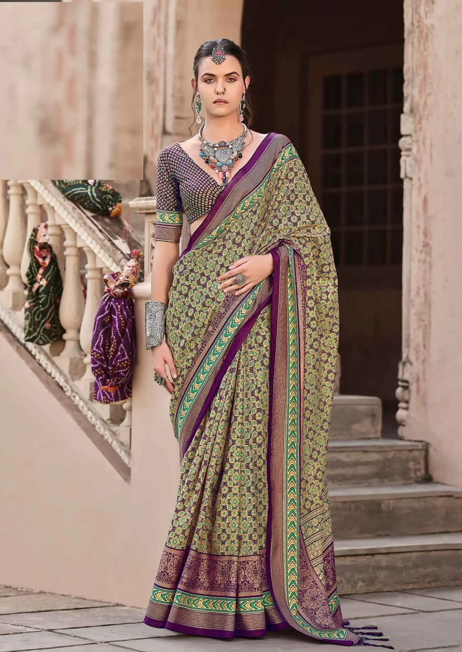 Olive Green Sigma Silk Ajrakh Printed Saree