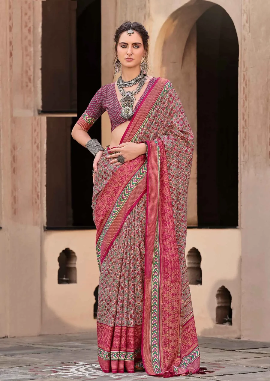 Red and olive Green Color Printed Designer saree