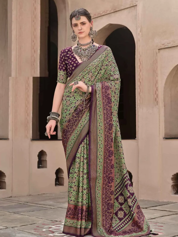 Green and maroon color printed saree