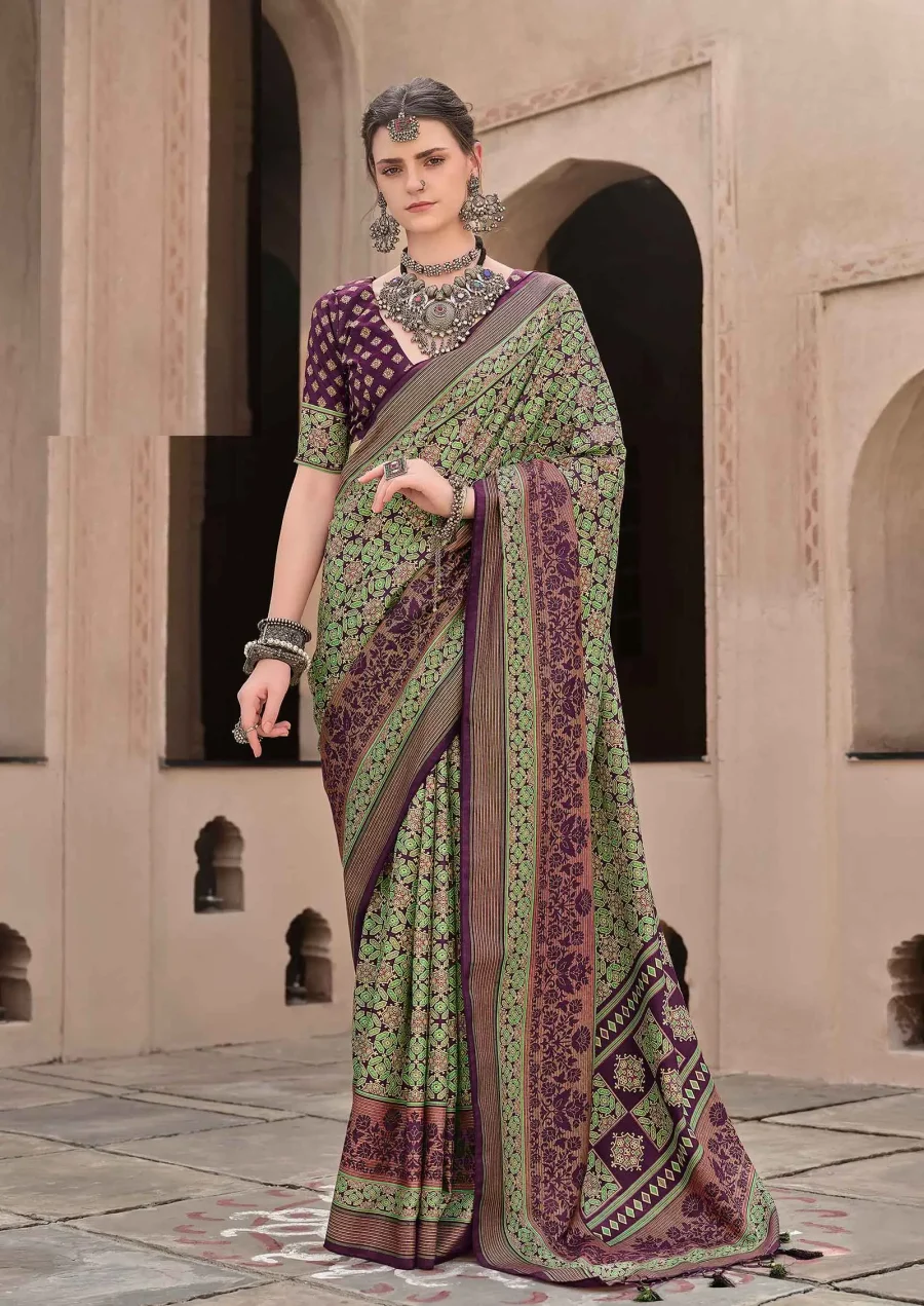 Olive Green and wine color Sigma silk Ajrakh printed saree