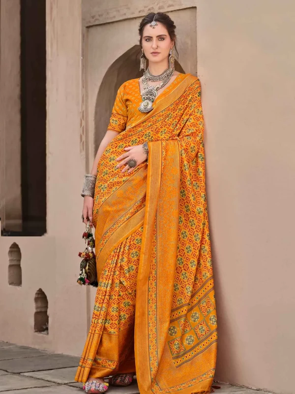 Yellow color silk printed saree