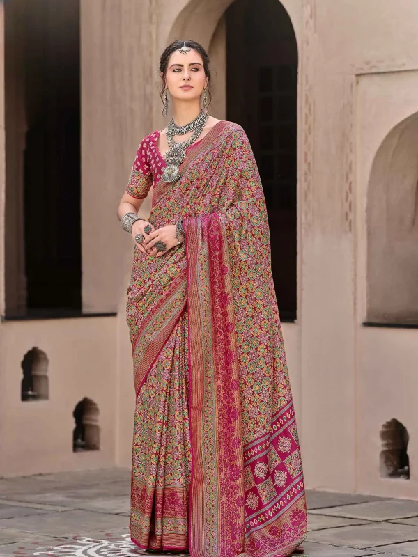 Red and olive green color printed saree