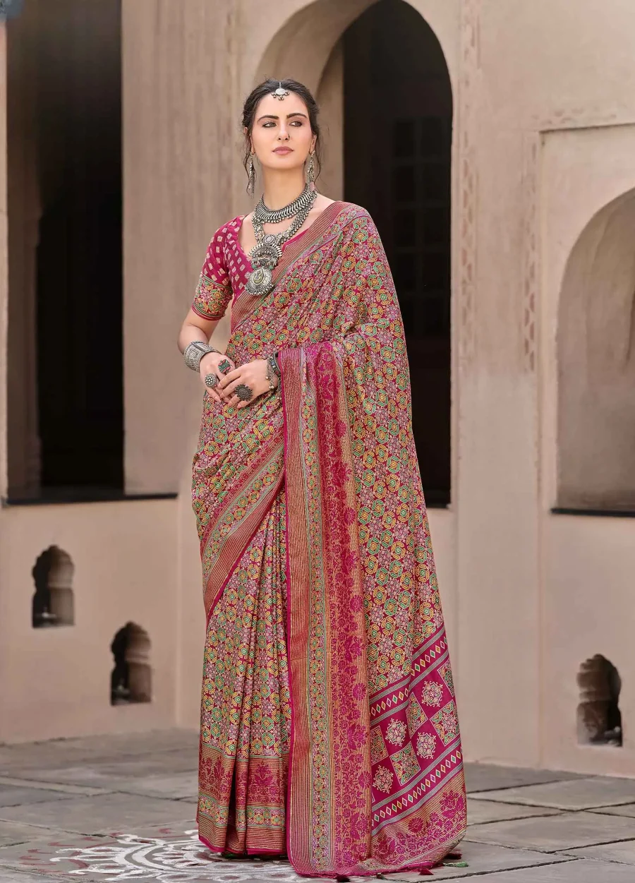 Red and Olive Green Color Ajrakh Printed Saree