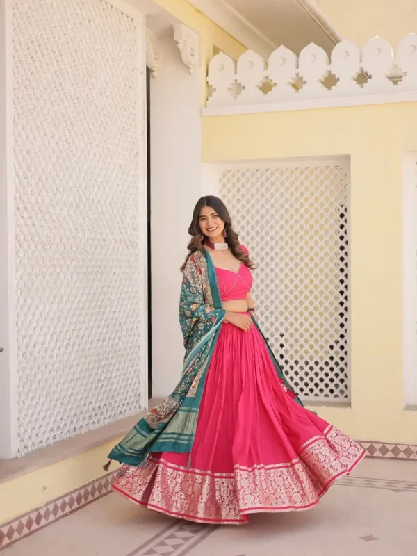 Pink Plain and printed lehenga choli