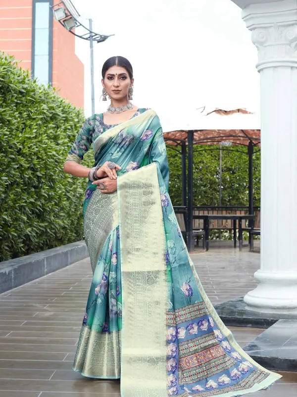 Grey blue color digital printed saree