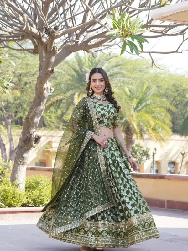 green color engagement wear lehenga choli with printed