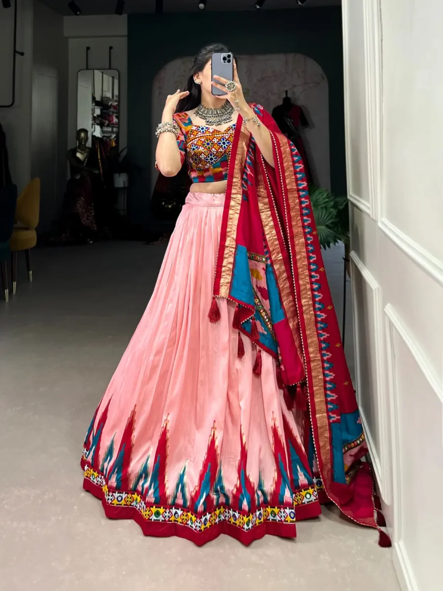 Sweet Pink Lehenga choli Print With Foil Work And Original Mirror Gamthi Work Navratri Dress