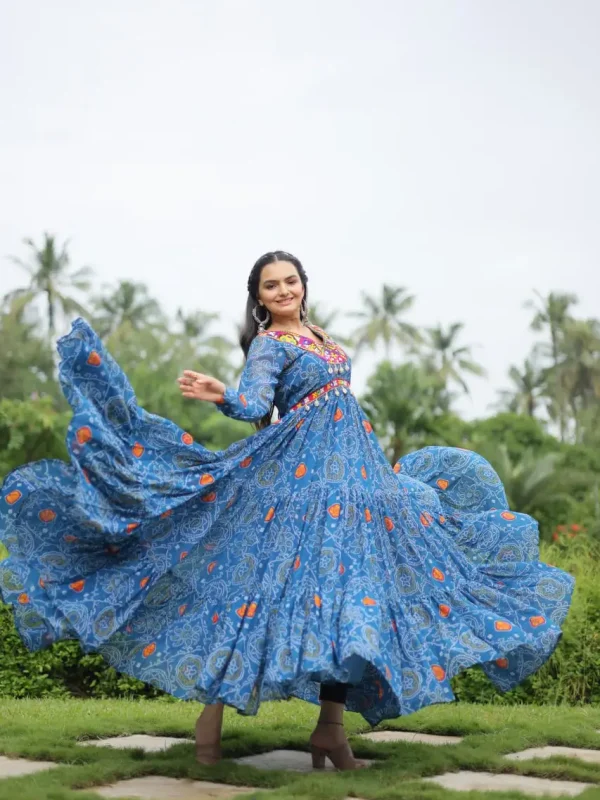 Denim Blue color Bandhani printed Navratri Gown