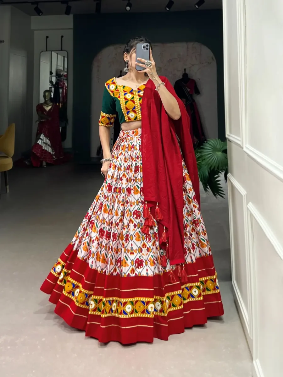 Red color Printed Navratri lehenga choli with Foil and Mirror Work