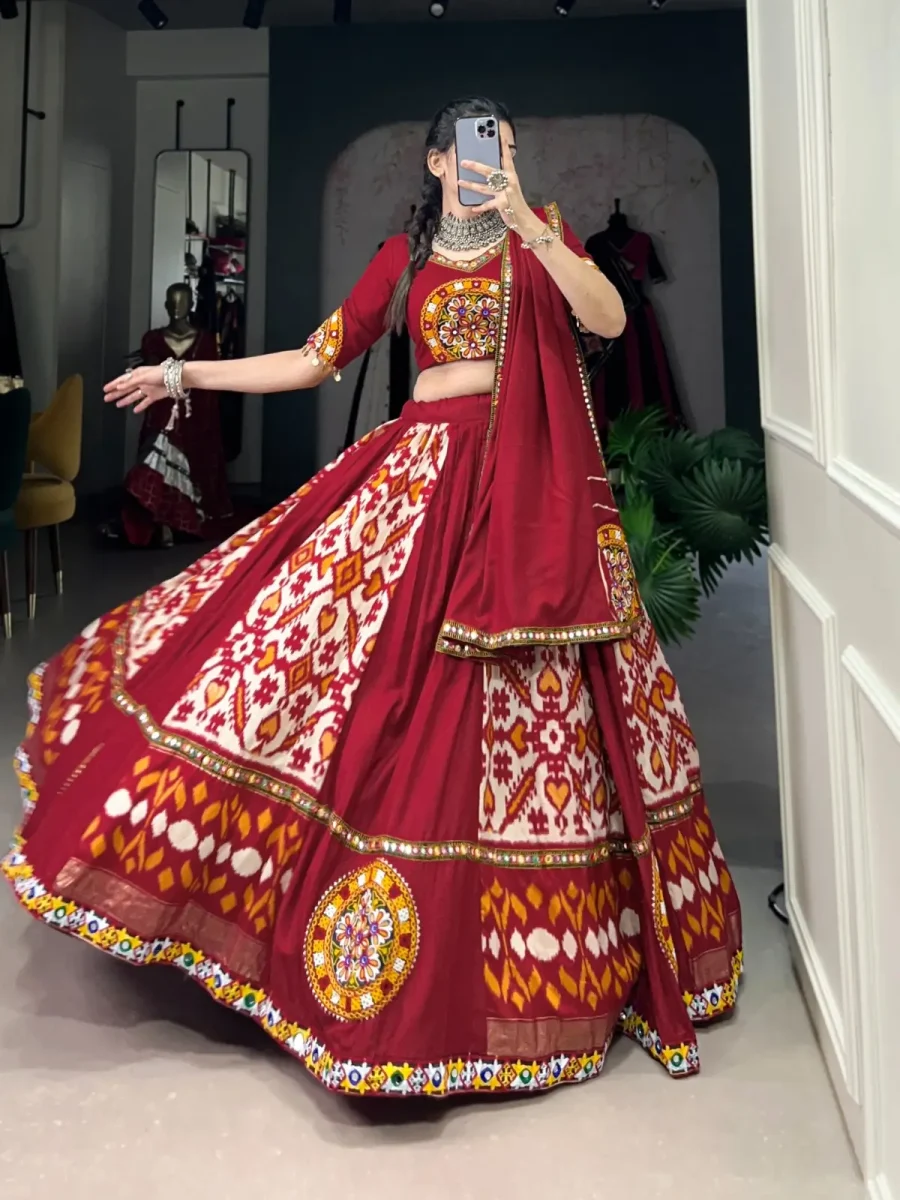 White and Maroon color Printed Navratri Lehenga choli with Gamthi Pathch